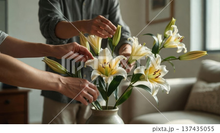 Hands Arranging White Lilies in Vase at Home 137435055