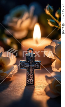 Ornate Metal Orthodox Cross With Candle Ornate Metal Orthodox Cross With Candle 137435123