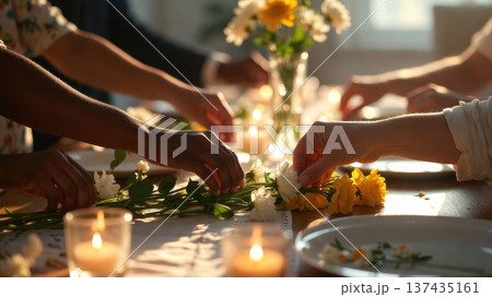 Arranging flowers on candlelit dining table together 137435161