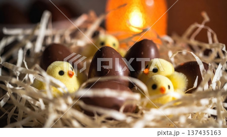 Chocolate eggs and toy chicks in Easter nest 137435163