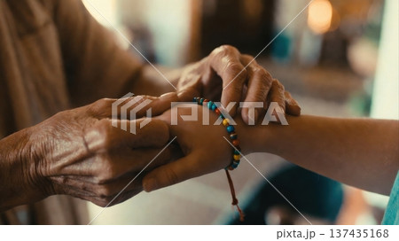 Elderly hands fastening colorful bracelet on child wrist 137435168