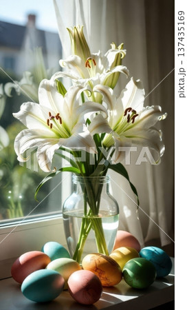White lilies in glass vase with Easter eggs by window White lilies in glass vase with Easter eggs by window 137435169