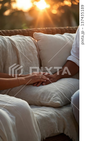 Holding hands on outdoor sofa at sunset 137435189