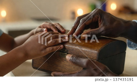 Adult and child opening wooden keepsake box together Adult and child opening wooden keepsake box together 137435191