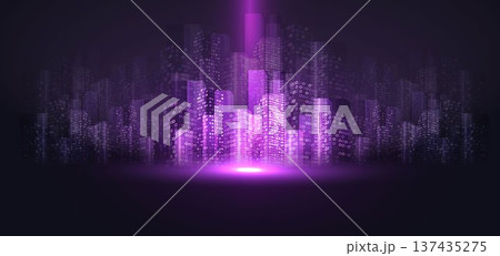 Futuristic neon city skyline with digital purple glow background. 137435275