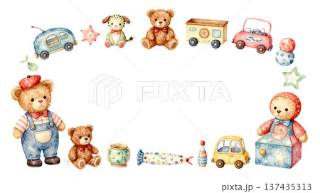 かわいい玩具やぬいぐるみの水彩イラストフレーム 137435313