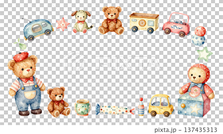 かわいい玩具やぬいぐるみの水彩イラストフレーム 137435313