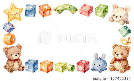 優しいタッチのブロックやぬいぐるみのイラストフレーム 137435314