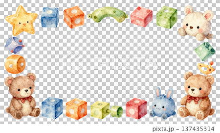 優しいタッチのブロックやぬいぐるみのイラストフレーム 137435314