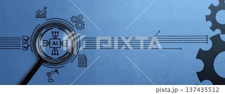 Artificial Intelligence Concept Banner with AI Chip Icon, Magnifying Glass, and Business Automation Symbols. High quality photo 137435512