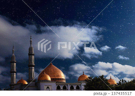 Mosque at Night with Starry Sky and Golden Domes. Islamic Holiday Greeting for Ramadan Kareem and Eid Mubarak. High quality photo 137435517