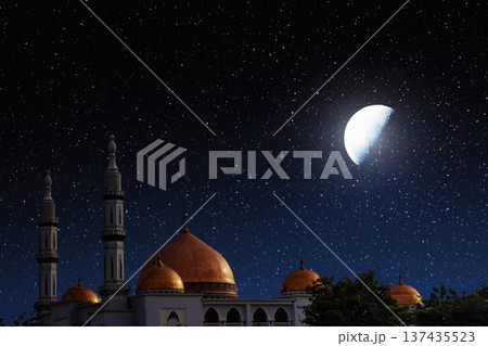 Mosque with Golden Domes Under a Starry Night Sky with a Bright Half Moon. Ramadan kareem concept. High quality photo Mosque with Golden Domes Under a Starry Night Sky with a Bright Half Moon. Ramadan kareem concept. High quality photo 137435523