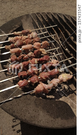 Grilling meat skewers on a barbecue shashlik in prague during summer 137435547
