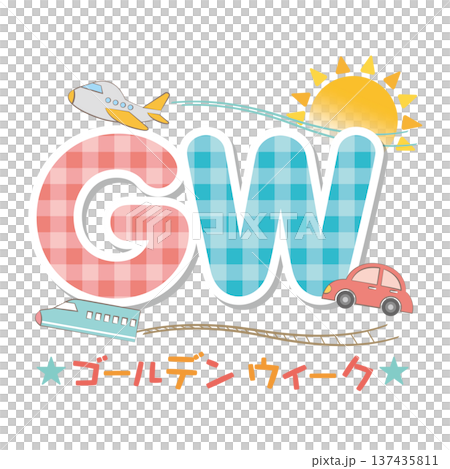 乗り物とゴールデンウィークのタイトル文字イラスト　GW 137435811