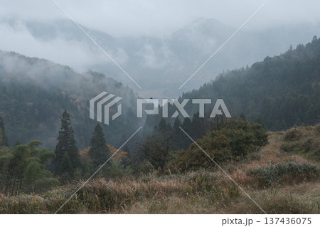 雨の霧に包まれる晩秋の連山。重なる山並みと一羽の鳥 雨の霧に包まれる晩秋の連山。重なる山並みと一羽の鳥 137436075