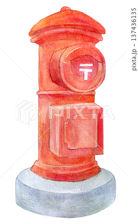 水彩イラスト　手描き　郵便物のイメージ　ポスト 137436135