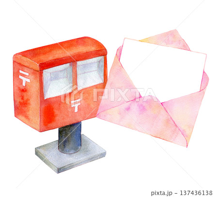 水彩イラスト　手描き　郵便物のイメージ　ポスト 137436138