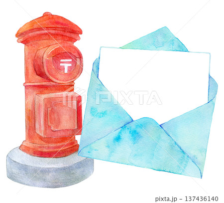 水彩イラスト　手描き　郵便物のイメージ　ポスト 137436140