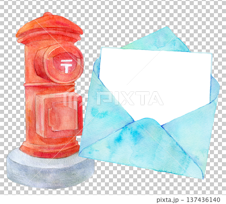 水彩イラスト　手描き　郵便物のイメージ　ポスト 137436140