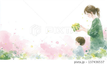 母の日にプレゼントを渡す親子のイラスト 137436537