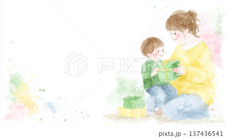 母の日にプレゼントを渡す親子のイラスト 母の日にプレゼントを渡す親子のイラスト 137436541