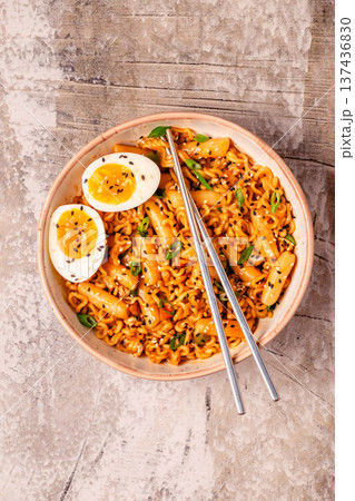 Spicy Rapokki - Korean tteokbokki rice cake and ramen noodle. Spicy Rapokki - Korean tteokbokki rice cake and ramen noodle. 137436830