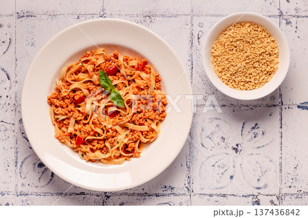 Vegan Bolognese Pasta with plant based minced meat. 137436842
