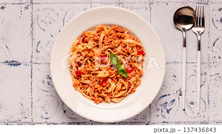 Vegan Bolognese Pasta with plant based minced meat. 137436843