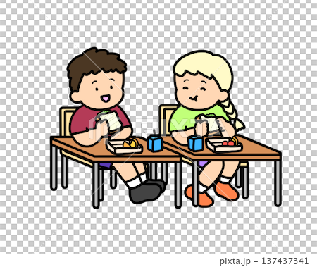 教室でサンドイッチを食べる二人の子供 137437341