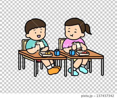 教室でサンドイッチを食べる二人の子供 137437342
