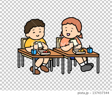 教室でサンドイッチを食べる二人の子供 教室でサンドイッチを食べる二人の子供 137437344
