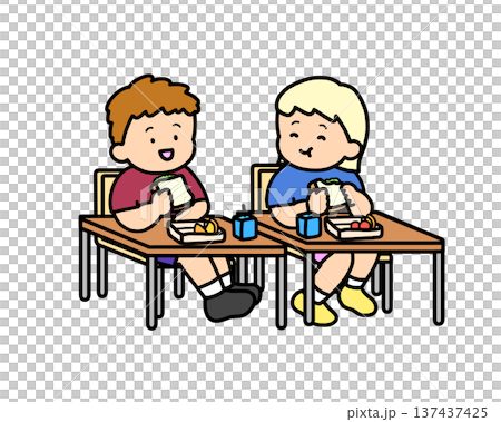 Two children eating sandwiches in a classroom 137437425