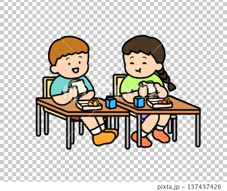 Two children eating sandwiches in a classroom 137437426