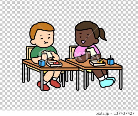 Two children eating sandwiches in a classroom 137437427