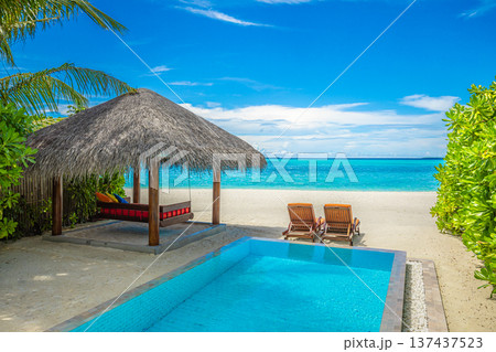 Summer luxury private pool with sun beds and beach canopy palm trees turquoise ocean shore tropical paradise relaxing vacation destination Summer luxury private pool with sun beds and beach canopy palm trees turquoise ocean shore tropical paradise relaxing vacation destination 137437523