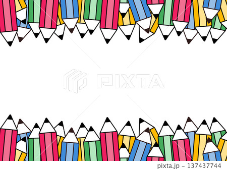 子供向け教育や文具イメージ・カラフルな鉛筆の上下フレーム・小学校や幼稚園の掲示板用テンプレート 137437744
