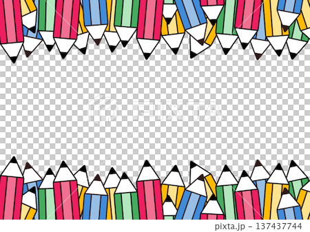 子供向け教育や文具イメージ・カラフルな鉛筆の上下フレーム・小学校や幼稚園の掲示板用テンプレート 137437744