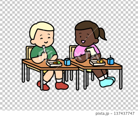Two children having lunch together in the classroom Two children having lunch together in the classroom 137437747
