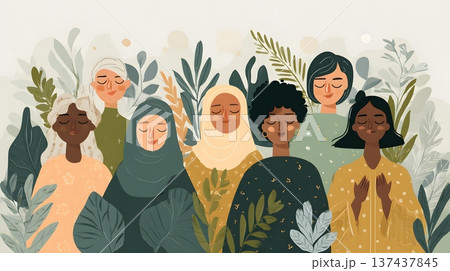 Happiness concept art with people of different cultures sharing positive moments soft color palette modern editorial style 137437845