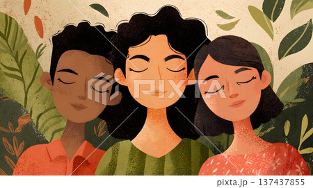 International Day of Happiness editorial illustration with calm joyful expressions natural lighting International Day of Happiness editorial illustration with calm joyful expressions natural lighting 137437855