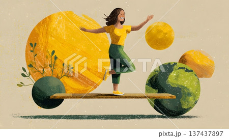 Global wellbeing illustration showing balance life and joy 137437897