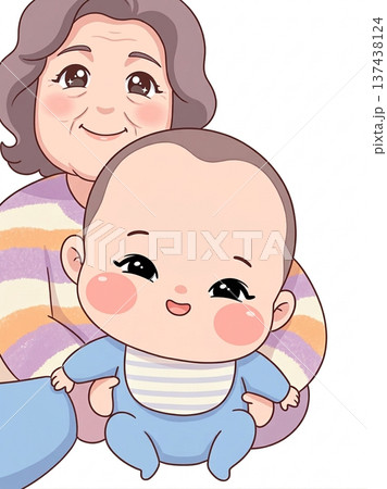 孫を抱っこする笑顔のおばあちゃんと赤ちゃんのイラスト 137438124