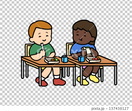 Two children having lunch together in the classroom Two children having lunch together in the classroom 137438127