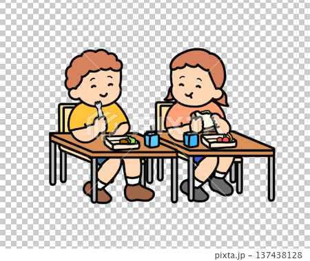兩個孩子在教室裡一起吃午餐。 兩個孩子在教室裡一起吃午餐。 137438128