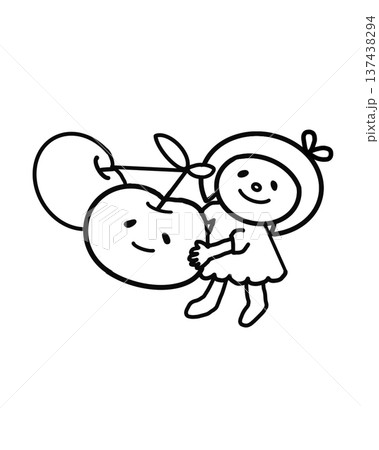 さくらんぼを持ったかわいいおかっぱボブヘア女の子、線画 137438294