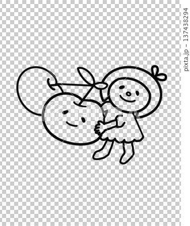 さくらんぼを持ったかわいいおかっぱボブヘア女の子、線画 137438294