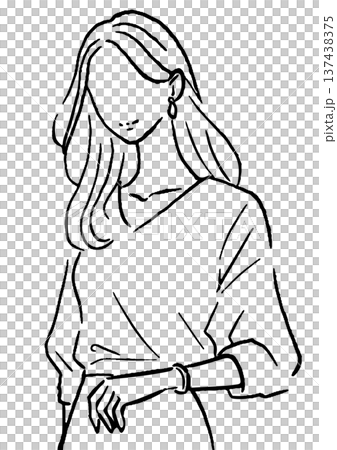 エレガントな雰囲気の女性のイラスト　シンプルライン　白黒 137438375