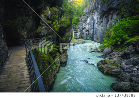 Wooden tourist footbridge in the Aare gorge, Meiringen, Switzerland 137439598