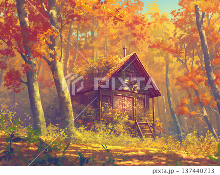 秋の紅葉と密林の小屋、アニメ風 137440713