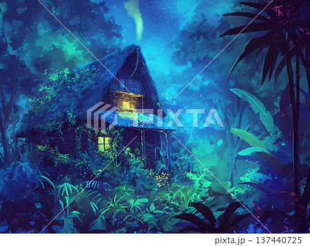 夜のジャングルの小屋、アニメ風 137440725